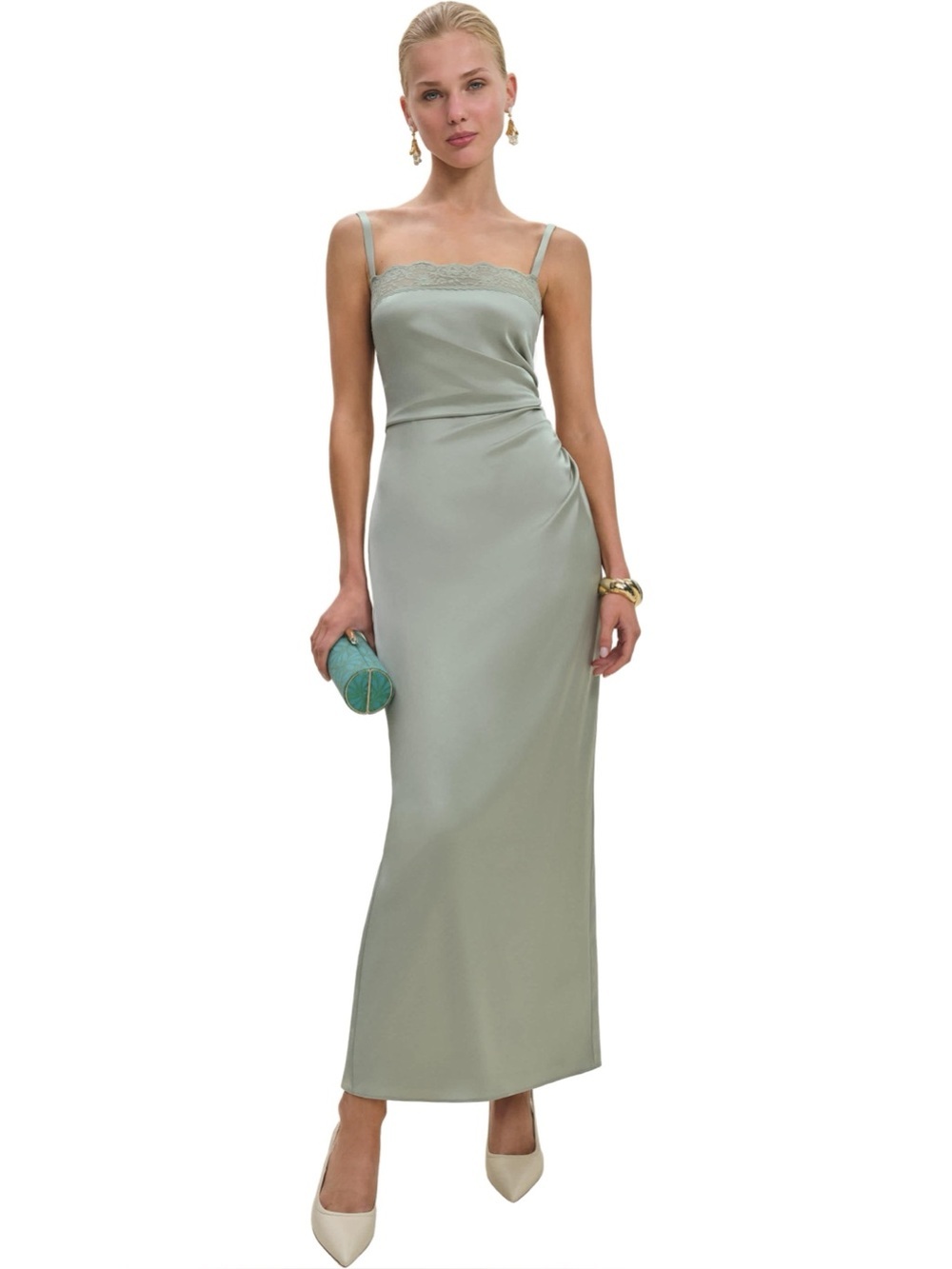 new Reformation Vesper satin ruched lace trim gown in Salvia sage green